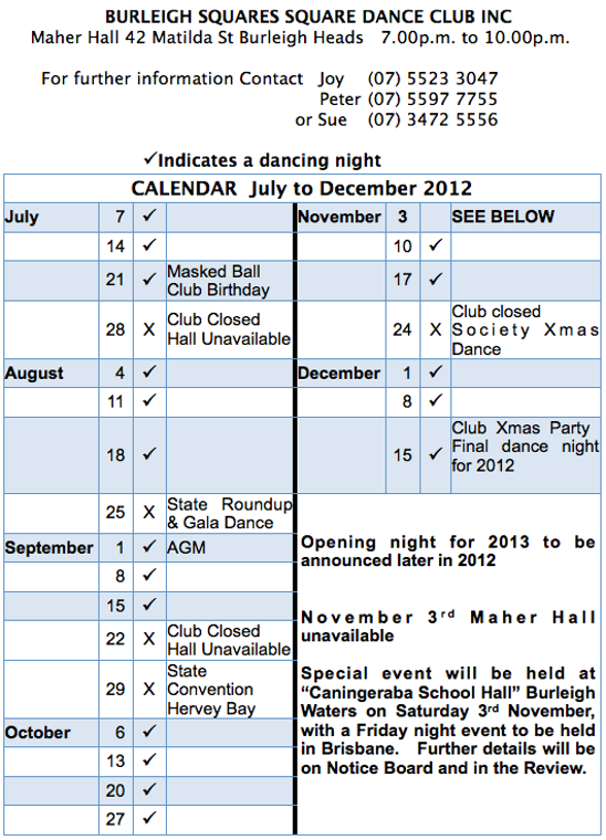 Calendar July to Dec 2012